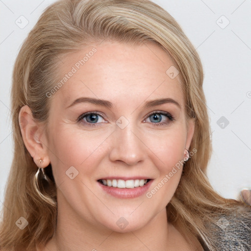 Joyful white young-adult female with long  brown hair and blue eyes