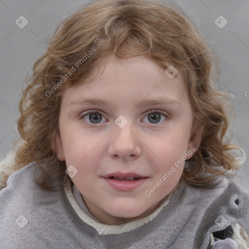 Joyful white child female with medium  brown hair and blue eyes
