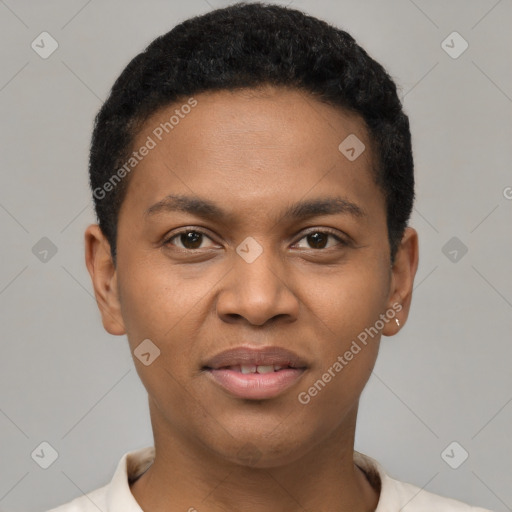 Joyful black young-adult male with short  black hair and brown eyes