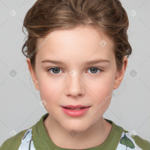 Joyful white child female with short  brown hair and brown eyes