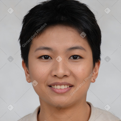 Joyful asian young-adult female with short  brown hair and brown eyes