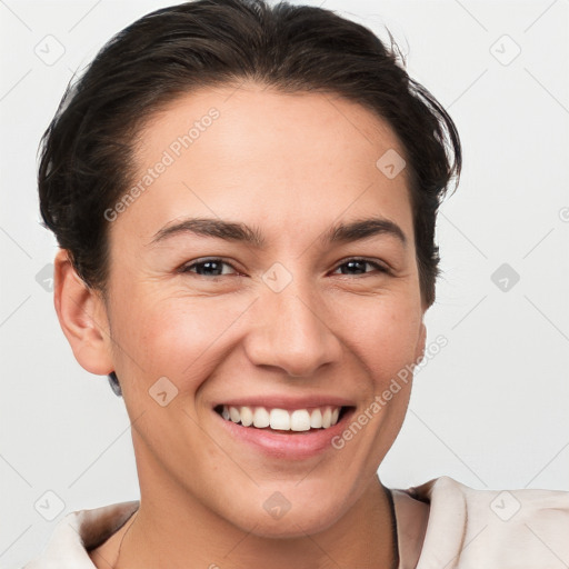 Joyful white young-adult female with short  brown hair and brown eyes