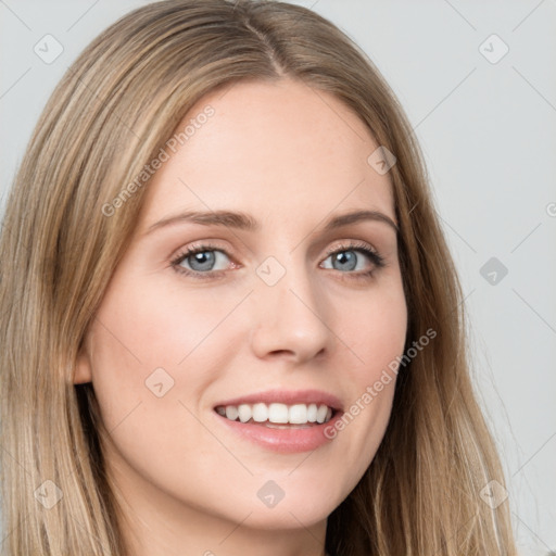 Joyful white young-adult female with long  brown hair and grey eyes