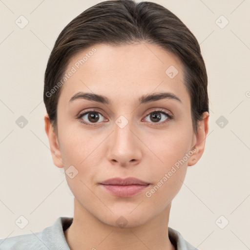 Neutral white young-adult female with short  brown hair and brown eyes