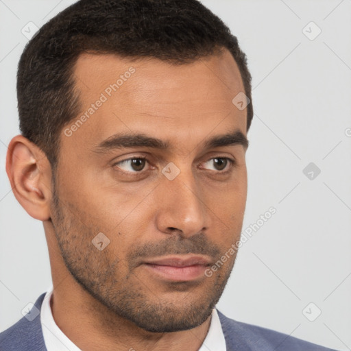 Neutral white young-adult male with short  brown hair and brown eyes