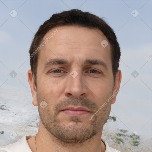 Neutral white adult male with short  brown hair and brown eyes