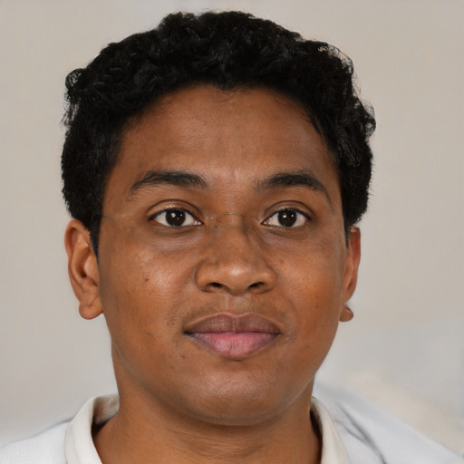 Joyful latino young-adult male with short  brown hair and brown eyes