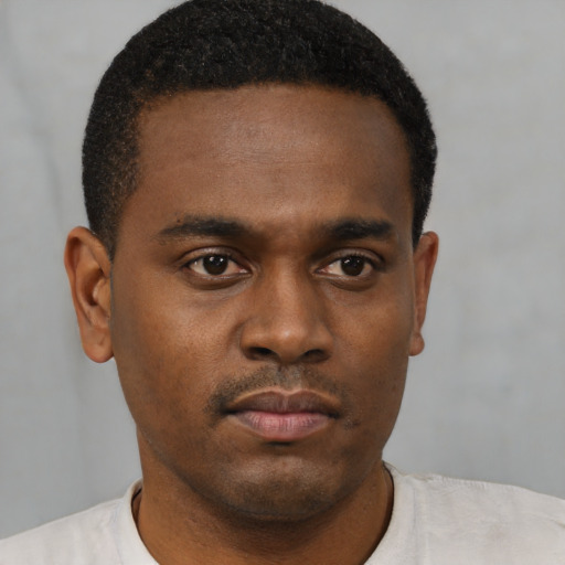 Neutral black young-adult male with short  black hair and brown eyes