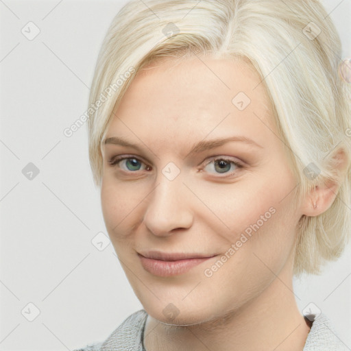 Joyful white young-adult female with medium  brown hair and blue eyes