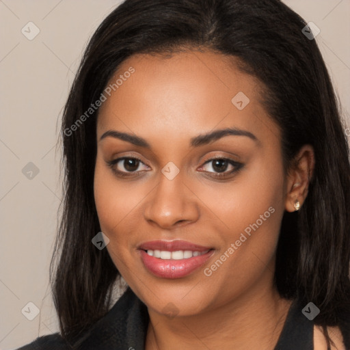 Joyful latino young-adult female with long  black hair and brown eyes