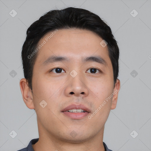 Neutral asian young-adult male with short  black hair and brown eyes