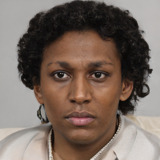 Neutral black young-adult female with short  brown hair and brown eyes