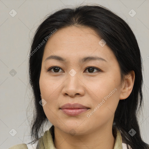 Joyful asian young-adult female with medium  brown hair and brown eyes