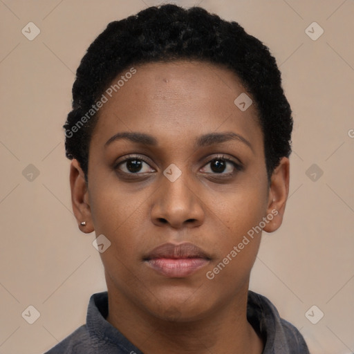 Neutral black young-adult female with short  black hair and brown eyes