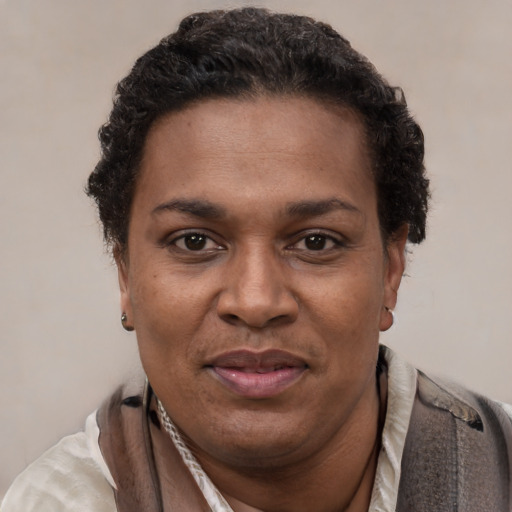 Joyful latino adult female with short  black hair and brown eyes