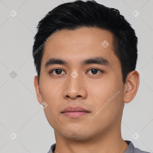 Neutral asian young-adult male with short  black hair and brown eyes