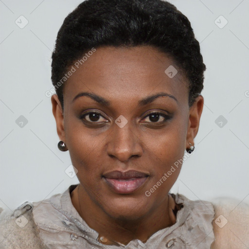 Neutral black young-adult female with short  black hair and brown eyes