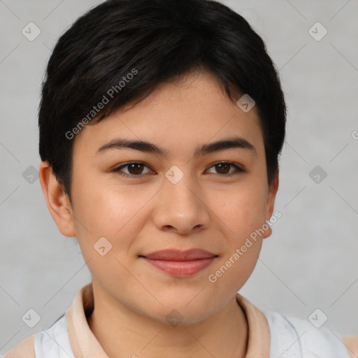 Joyful asian young-adult female with short  brown hair and brown eyes