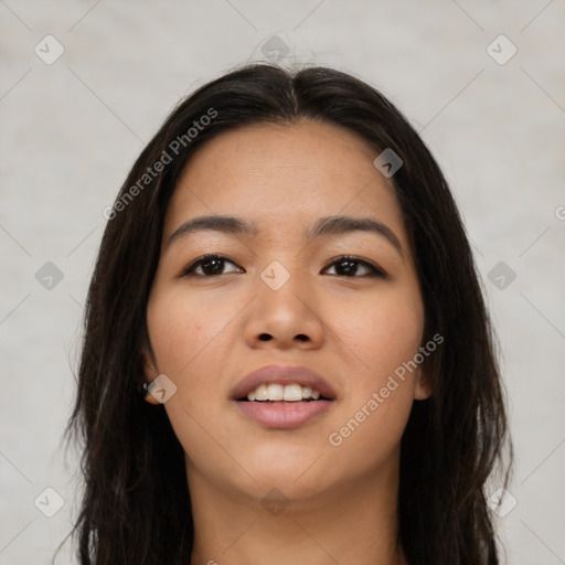 Neutral asian young-adult female with long  brown hair and brown eyes