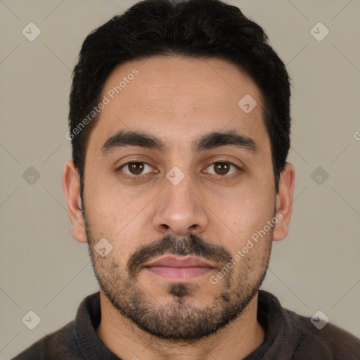 Neutral latino young-adult male with short  black hair and brown eyes