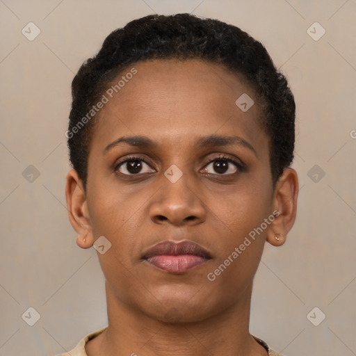 Neutral black young-adult female with short  brown hair and brown eyes