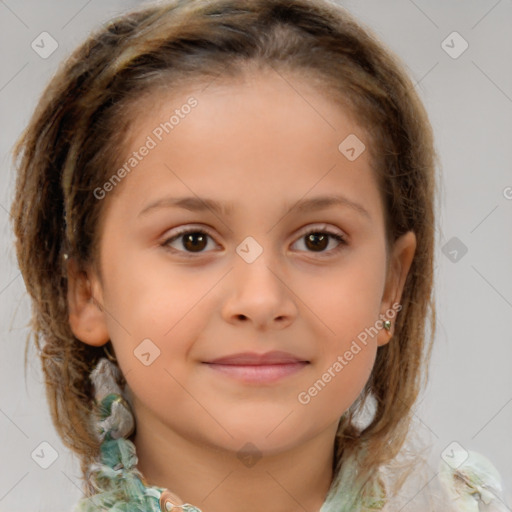 Joyful white child female with medium  brown hair and brown eyes