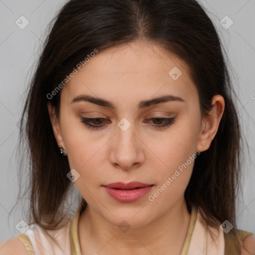 Neutral white young-adult female with medium  brown hair and brown eyes