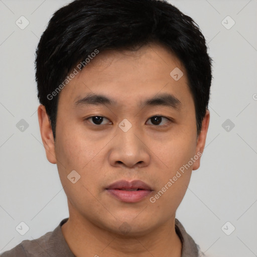 Neutral asian young-adult male with short  black hair and brown eyes