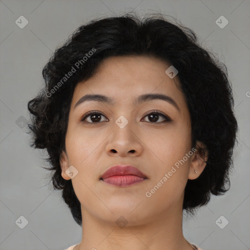 Neutral asian young-adult female with medium  brown hair and brown eyes