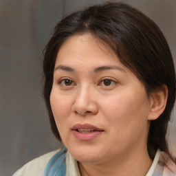 Joyful white adult female with medium  brown hair and brown eyes