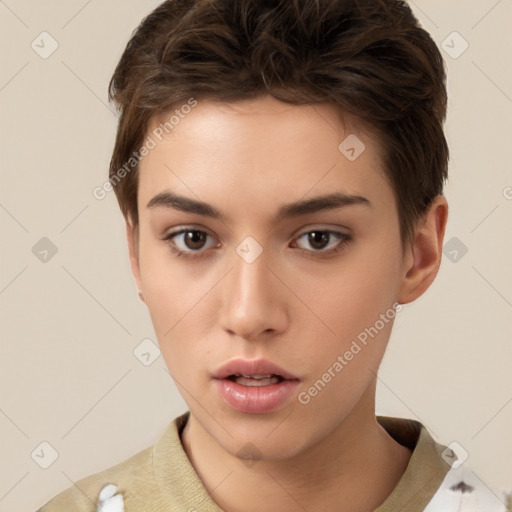 Neutral white young-adult female with short  brown hair and brown eyes