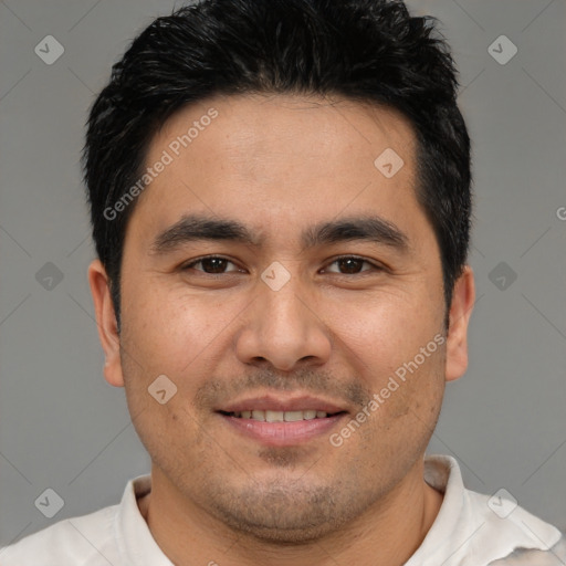 Joyful white young-adult male with short  black hair and brown eyes