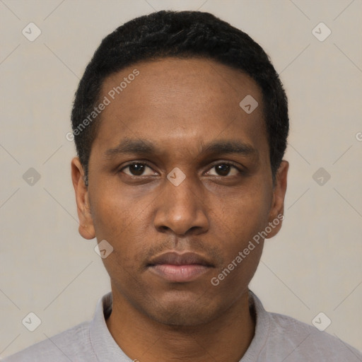 Neutral black young-adult male with short  black hair and brown eyes