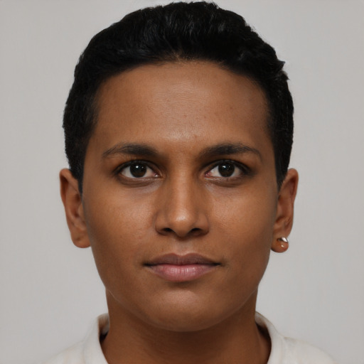Neutral black young-adult female with short  black hair and brown eyes
