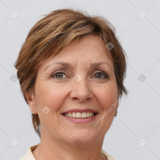 Joyful white adult female with medium  brown hair and grey eyes