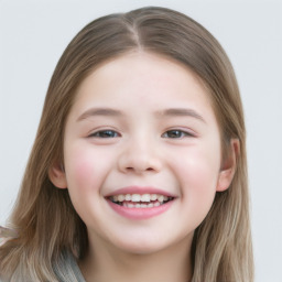 Joyful white child female with long  brown hair and brown eyes