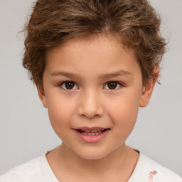 Joyful white child female with short  brown hair and brown eyes