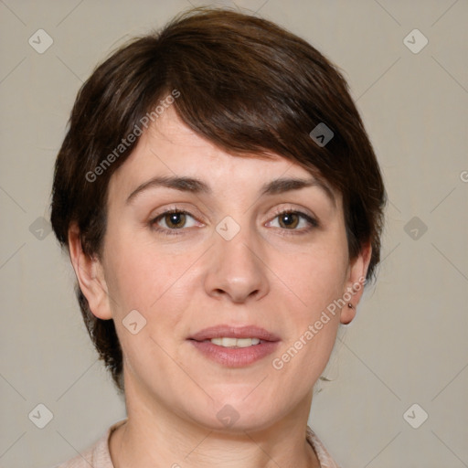 Joyful white adult female with medium  brown hair and grey eyes