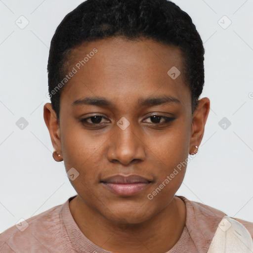 Joyful black young-adult female with short  black hair and brown eyes