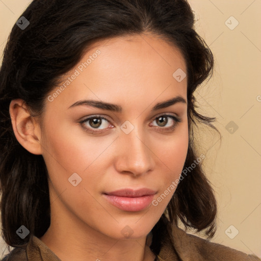 Neutral white young-adult female with long  brown hair and brown eyes