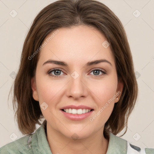 Joyful white young-adult female with medium  brown hair and green eyes