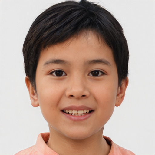 Joyful asian child female with short  brown hair and brown eyes