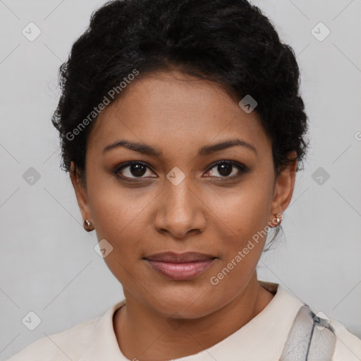 Joyful latino young-adult female with short  brown hair and brown eyes