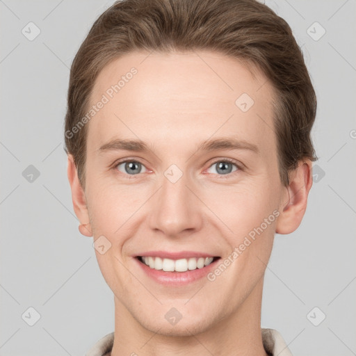 Joyful white young-adult female with short  brown hair and grey eyes