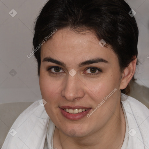 Joyful white young-adult female with medium  brown hair and brown eyes