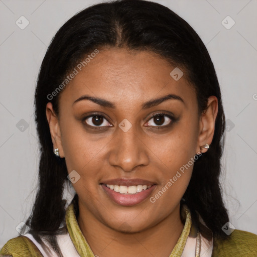 Joyful latino young-adult female with medium  brown hair and brown eyes