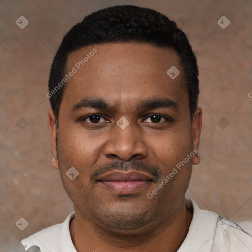 Joyful black young-adult male with short  black hair and brown eyes