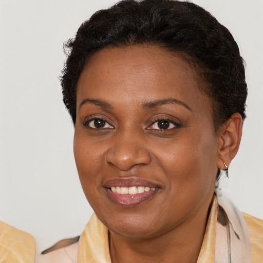 Joyful black adult female with short  brown hair and brown eyes