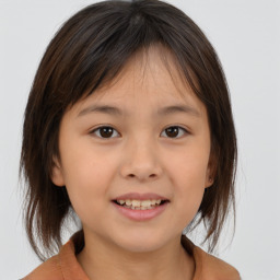 Joyful white child female with medium  brown hair and brown eyes