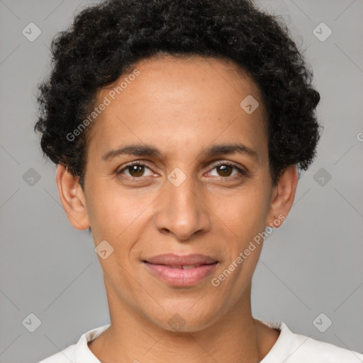 Joyful latino young-adult female with short  brown hair and brown eyes